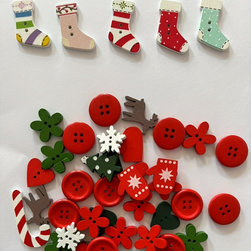 TEMU Lot de 40 boutons de Noël en bois aléatoires, mélangées de neige chaussette cœur fleur, boutons décoratifs pour couture, bricolage, emballage
