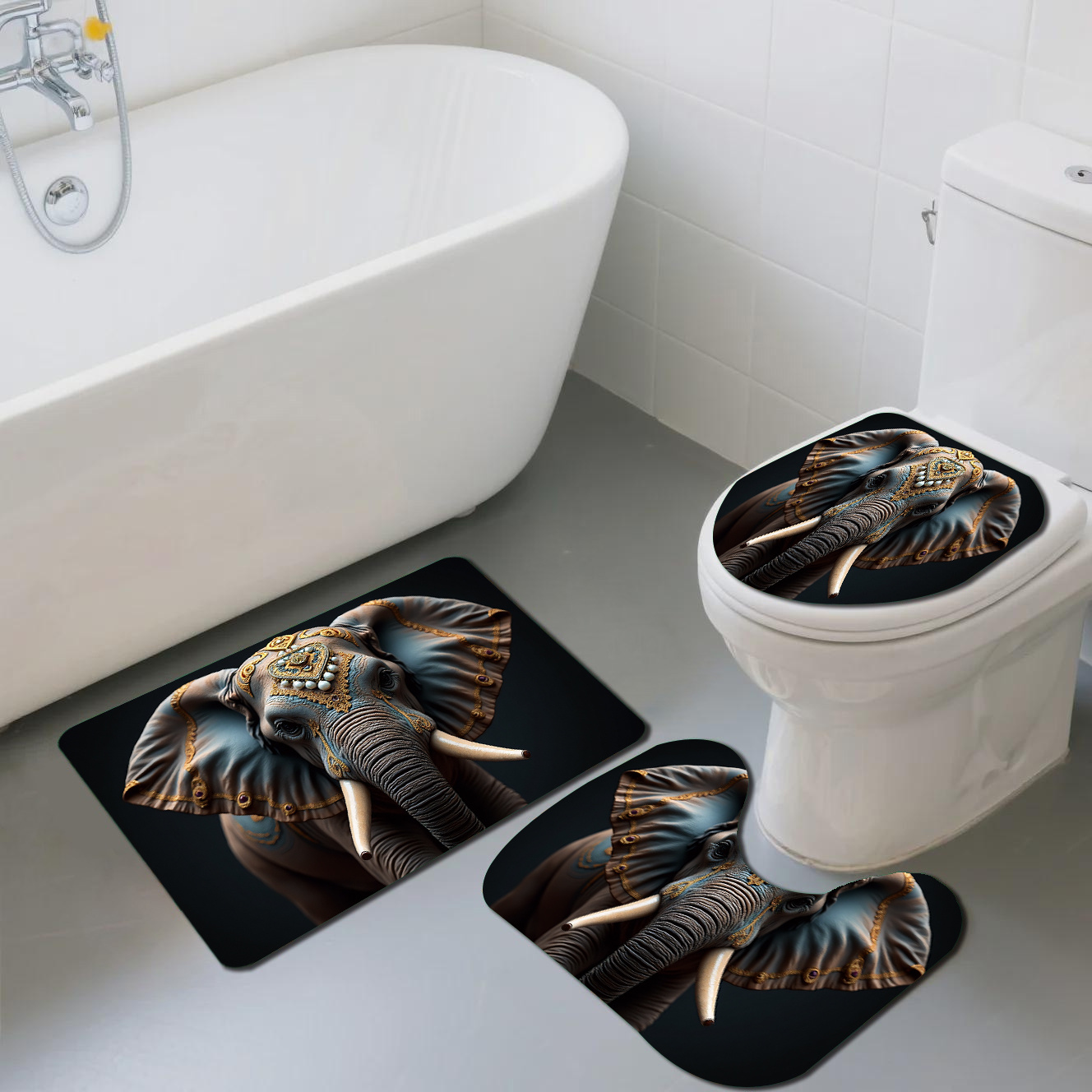 TEMU Flannel   Sponge   Dipped Plastic, 500g Per , 10mm Thickness, 3pcs Luxury Golden-trimmed Gemstone Elephant Pattern Printed Bathroom Mat Set,