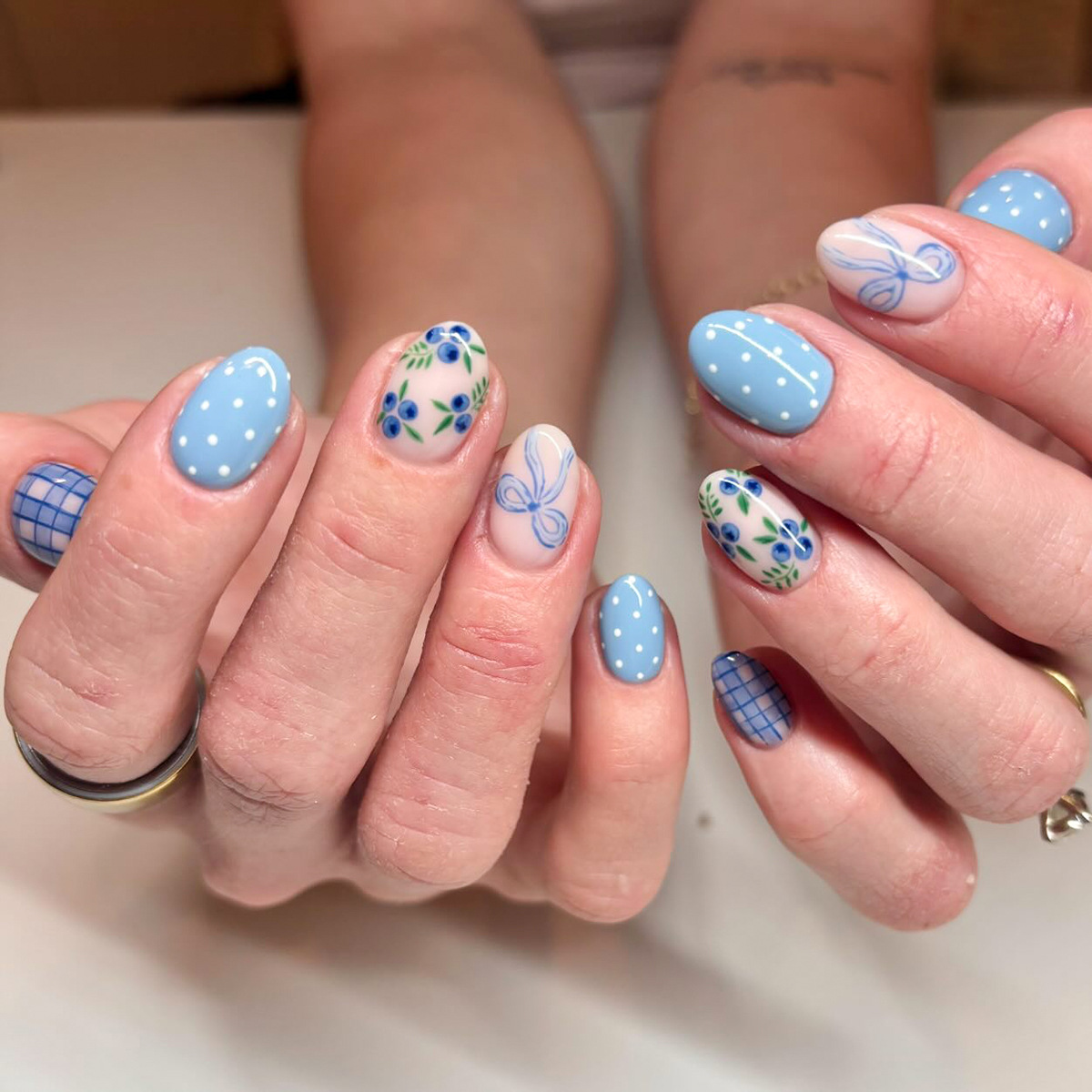 TEMU 48pcs Short Almond Press On Nails | Reusable Blue White With Polka Dot Blueberry & Bow Pattern, Glossy End, Fresh Cute Daily Design, Easy To