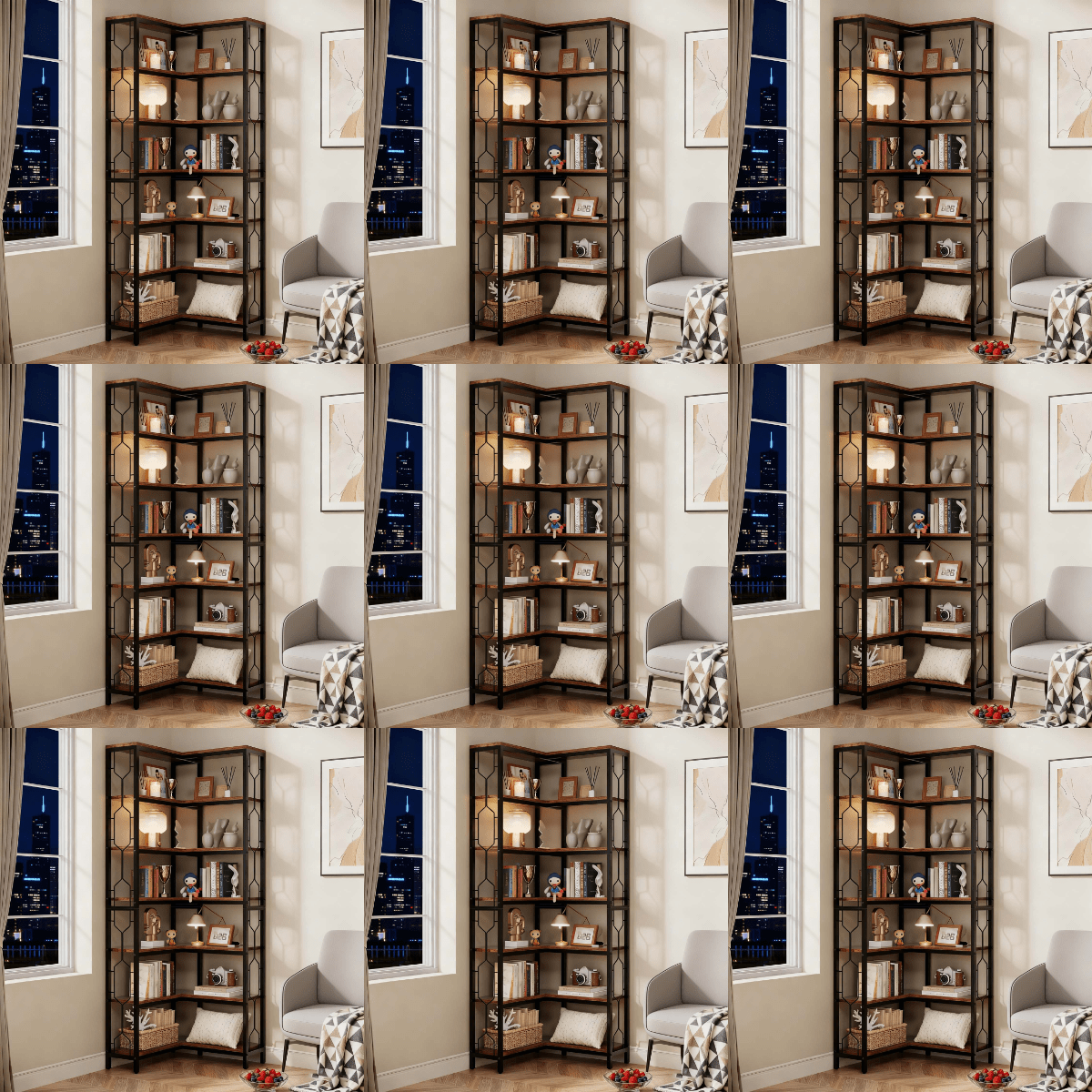 Image of 7-tier Industrial Corner Shelf - Christmas Rustic Brown Wood & Metal Etagere Bookcase, Freestanding Display Shelf For Living Room Kitchen Home Office
