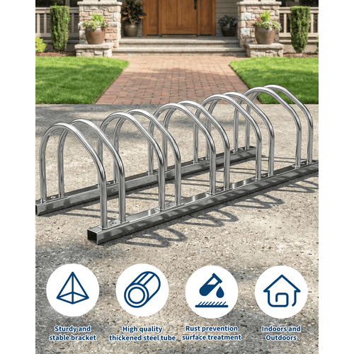 heavy duty freestanding bike floor stand for garage and home use supports 22 28 inch wheels and up to 2 2 inch tire width indoor and outdoor storage rack