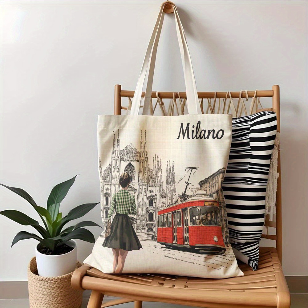 TEMU 1pc 2d Flat Printing, "" Vintage-inspired Tote Bag With And Design - Durable, Spacious Handbag For Women - Ideal For Travel, School, Office -