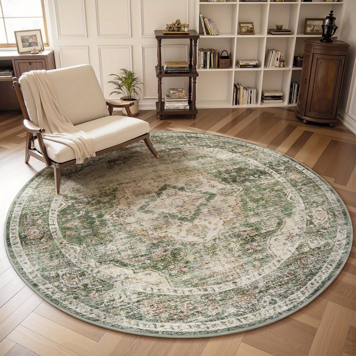 TEMU 1pc Vintage Green Bohemian Round Rug, Christmas Holiday Decoration, Suitable For Living Room, Bedroom, Kitchen, Carpets, Outdoor Patio Rugs,