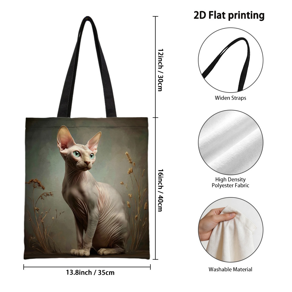 TEMU 1pc Sphynx Cat Tote Bag Suitable For Shopping, Grocery & Casual - Reusable Durable Handbag With Sphynx Cat & Wildflowers Print, Spacious