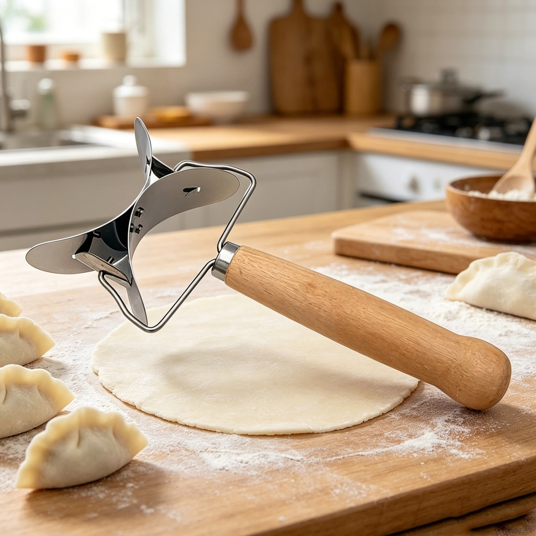 TEMU 1pc Stainless Steel Dumpling Dough Cutter With Wooden Handle Circular Roller, Italian Dumpling Maker, Biscuit Cutter