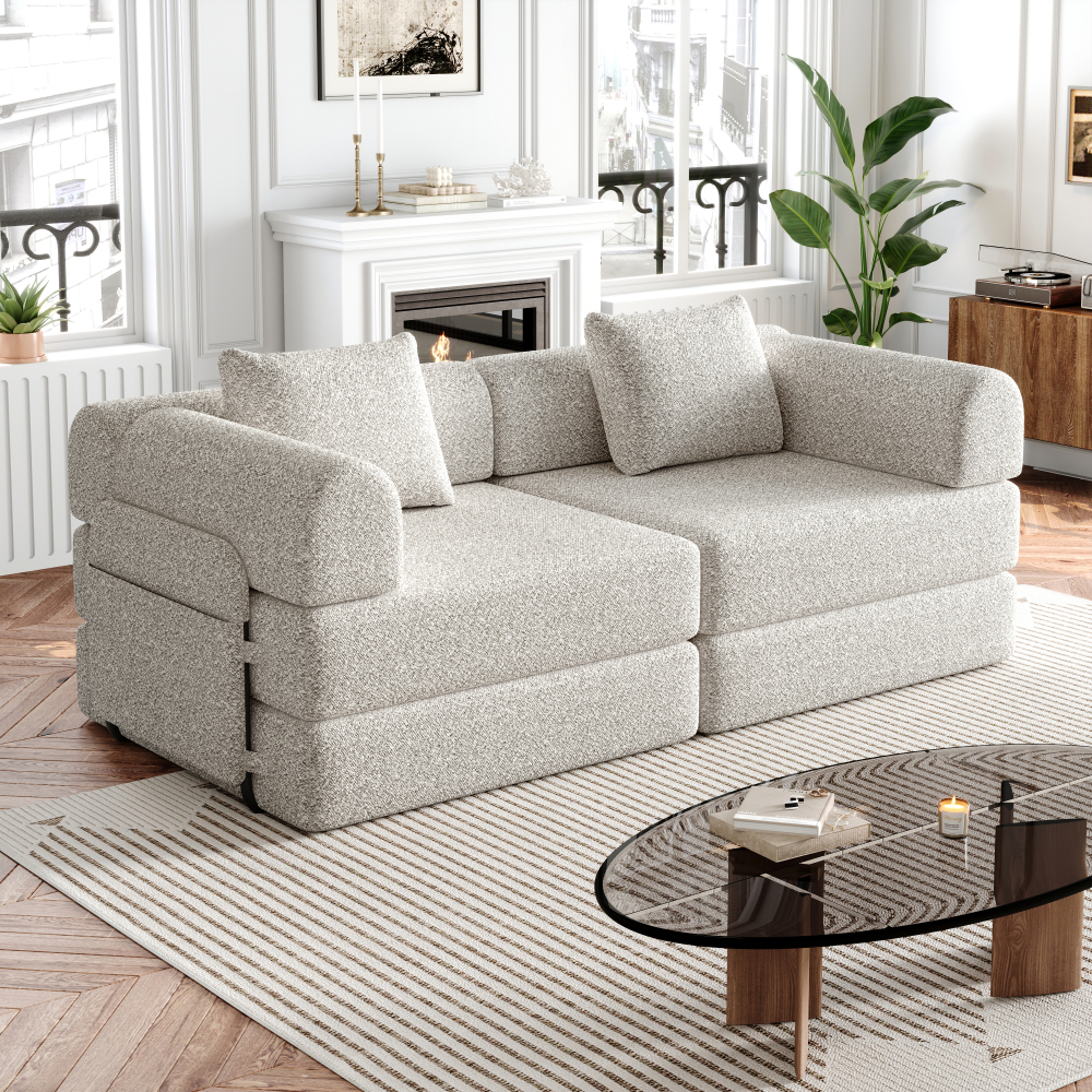 2 in 1 convertible sofa bed with 3 metal frame modern grey chenille fabric sleeper sofa space saving sleeper sofa bed with easy assembly sturdy metal frame soft backrest for small apartments dorms guest rooms no batteries electricity requi beige color 12