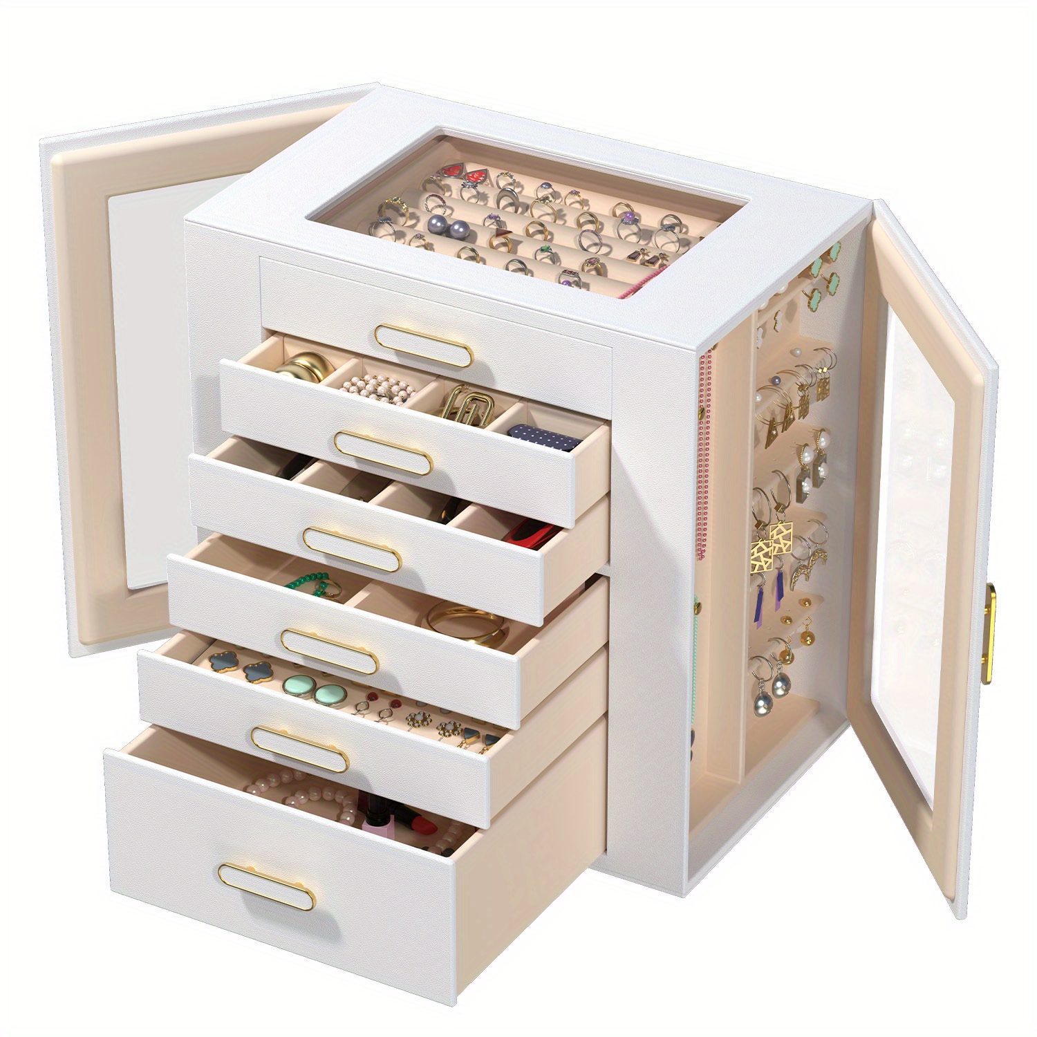 boho chic 6 tier multifunctional   leather jewelry box with clear drawers open shelves large capacity organizer for earrings necklaces bracelets watches elegant gift for women girls christmas valentines day birthdays graduation Product details 5