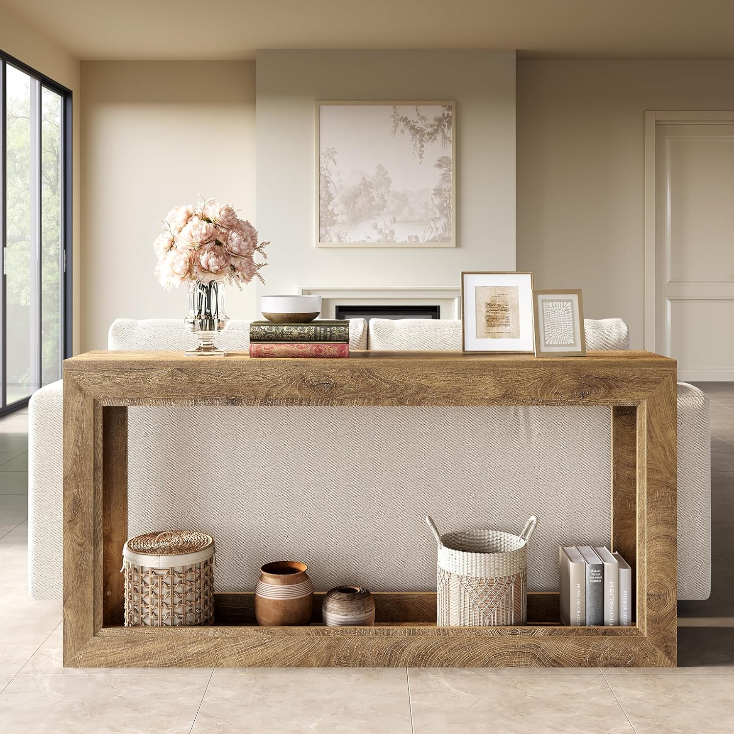 Image of 63-inch Modern Narrow Console Table Suitable For Behind Sofa, Extra Long Couch Table With Light Oak Brown, Wood & Oak Veneer, Assembly For Entryway, Hallway, Living Room Furniture
