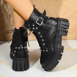 womens chunky platform boots thick platform sole pu cover upper zipper closure non slip rubber outsole edgy gothic punk boots for everyday special occasions in wide widths extended sizes fashion footwear
