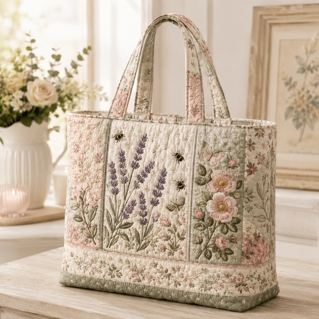 TEMU 17 X 15 Inch Vintage Botanical Embroidery Tote Bag With Lavender Flowers And Bee Details, Soft And Elegant, Spacious Capacity, Perfect For