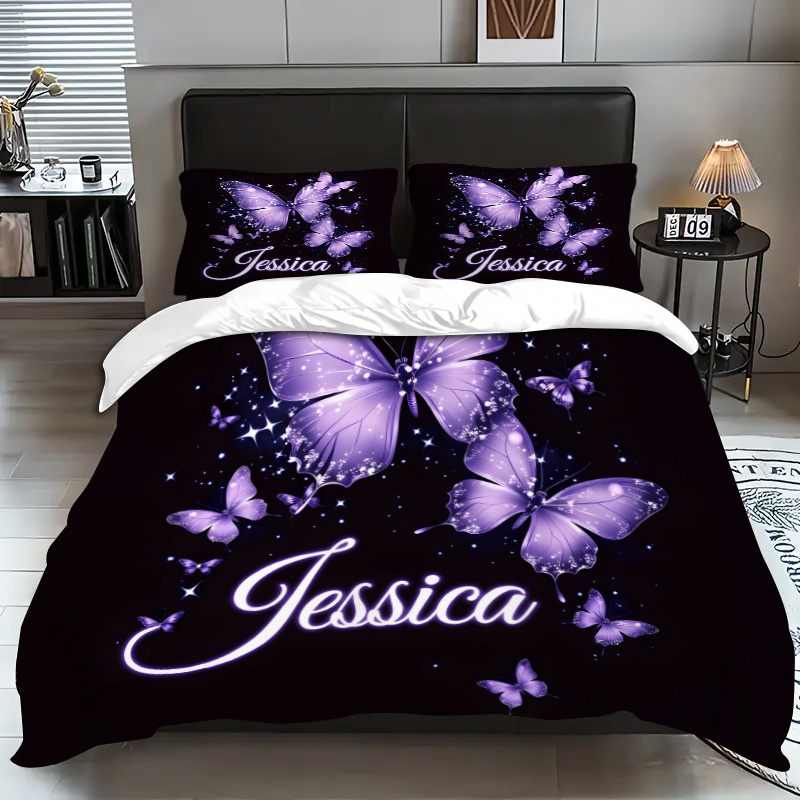 TEMU Custom Name 3pcs Bedding (1 Duvet Cover   2 Pillowcases, Pillow Inserts Not Included) Personalized Purple Pattern (2d Flat) Bedding With Self-