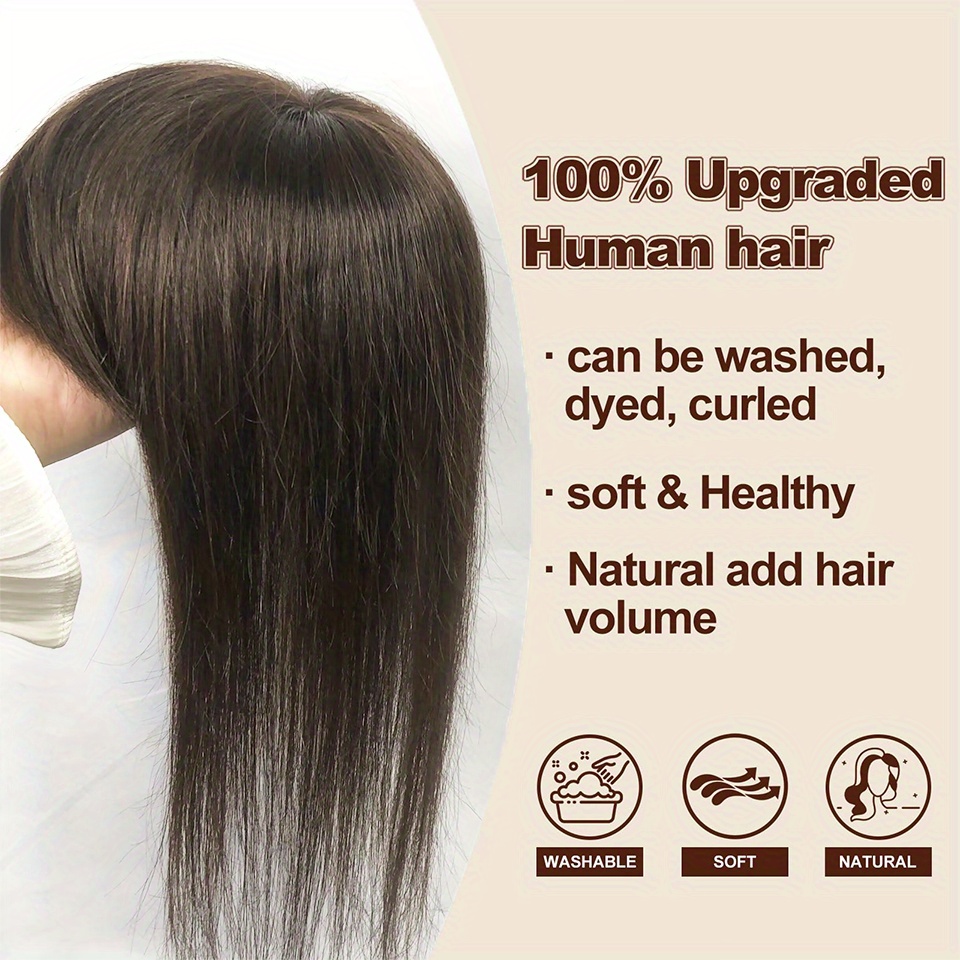   2 dark brown straight human hair topper with bangs for women real human hair toppers for thin hair 8inch 10inch hairpieces details 3