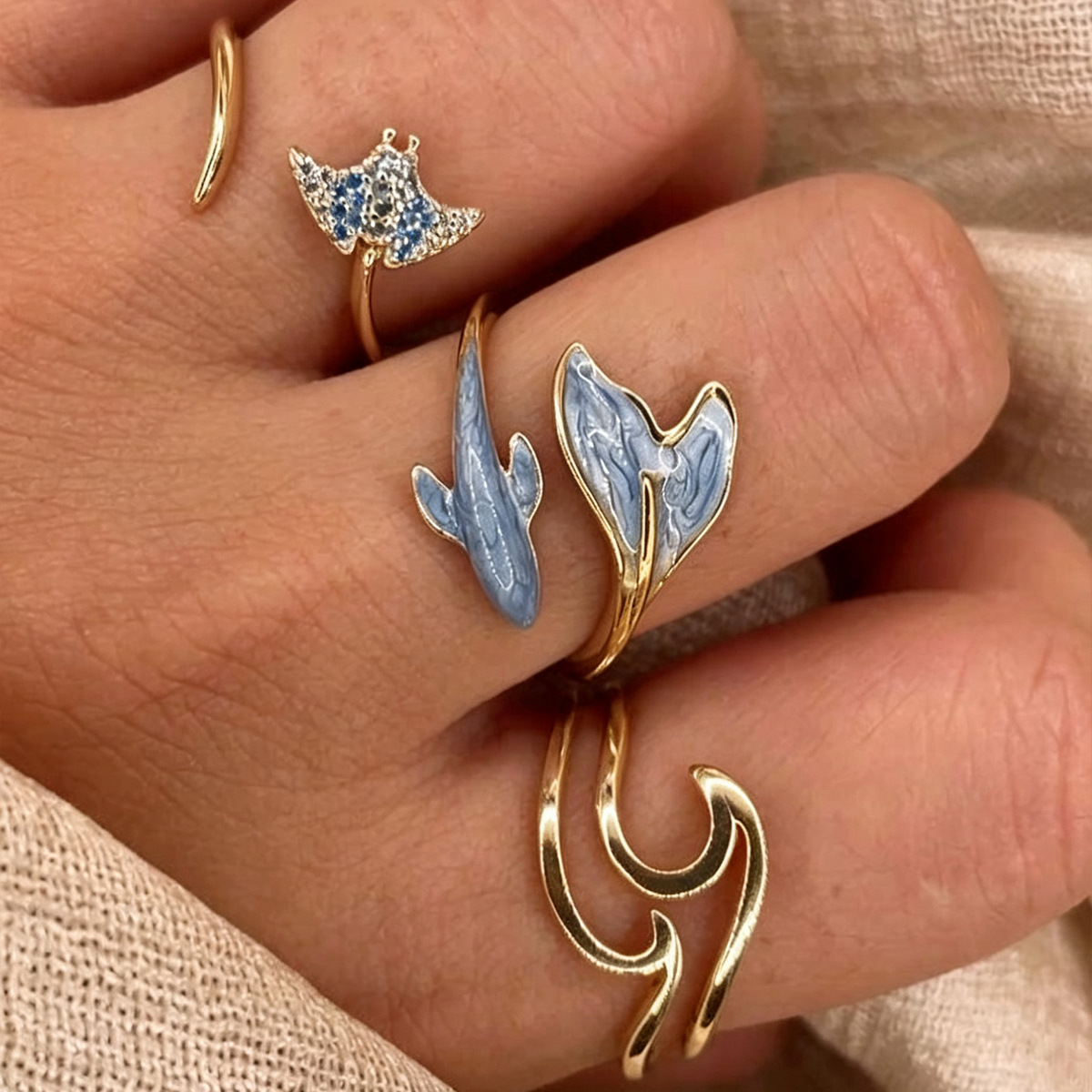 TEMU 3pcs Blue Drip Oil Fishtail Set With Rhinestone , Adjustable Open Stackable Rings For Women
