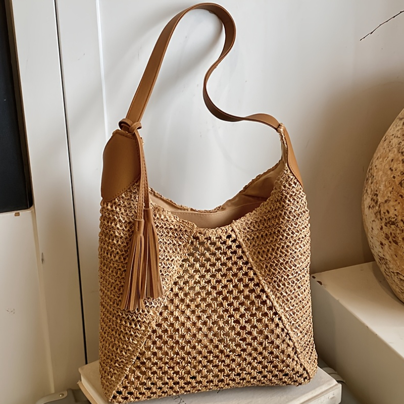 Image of Women's Shoulder Bag, Women's Bohemian Vintage Straw Tote Bag- Large Capacity Crossbody/handbag With Tassel Pendant, Multi-compartment Nylon Suitable For Daily , Beach Vacations, /, Gift For Style