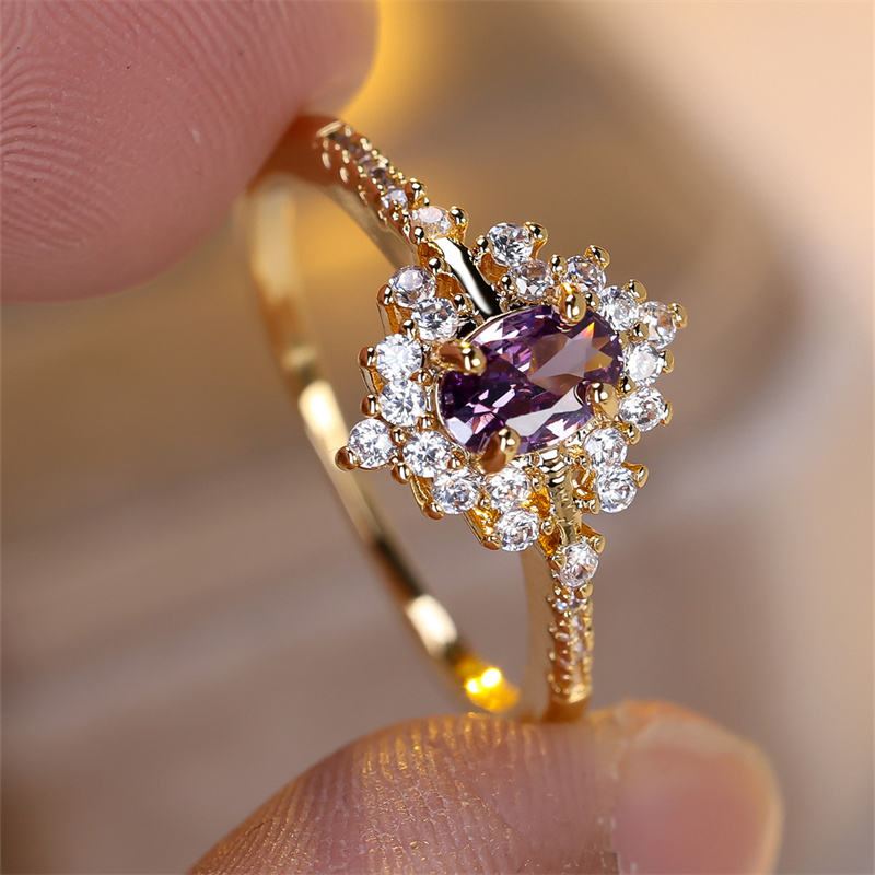 TEMU 1 Piece Of A Golden Oval-shaped Ring Featuring A Purple Stone, Designed As A Floral Wedding Band For Valentine's Day Jewelry., For Teenager