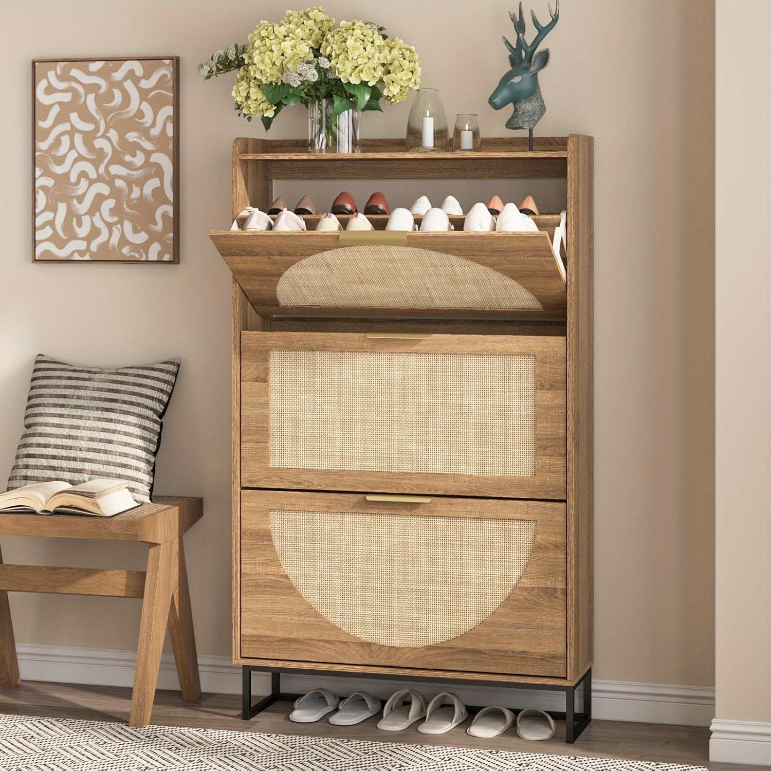 Rattan Shoe Storage Cabinet with 3 Flip Drawers, Freestanding Shoe Organizer with Metal Legs for Entryway, Hidden Golden Handles, Narrow Shoe Rack Cabinet, Rustic Oak Rattan