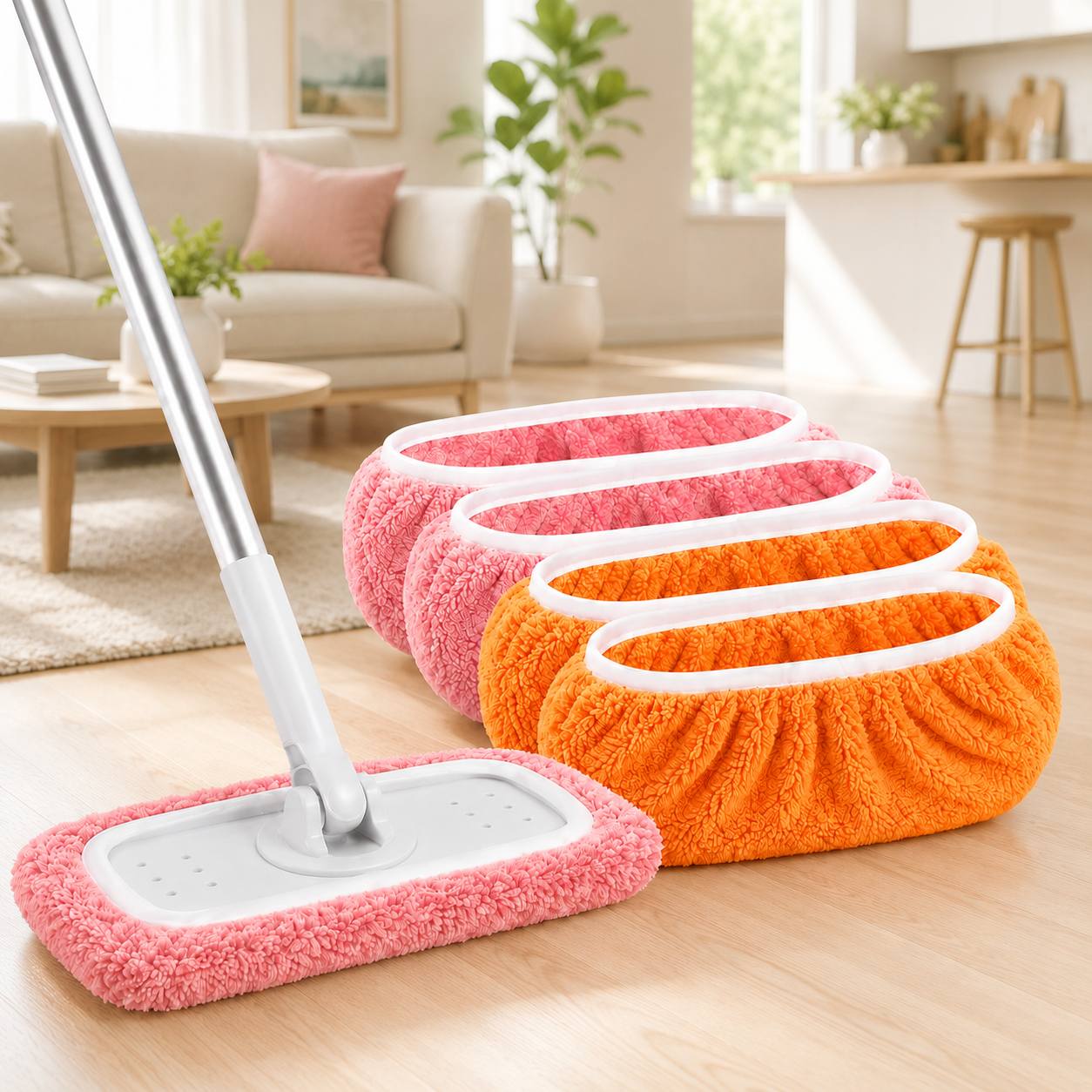 TEMU 4pcs Washable Microfiber Mop Pads, / , Dry Wet Dual-use Strong Absorbent Replacement Mop Cloth, With Elastic Fixing Strap, Compatible With