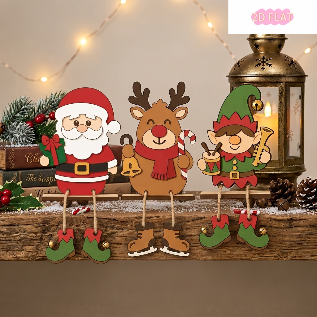 TEMU 3pcs Christmas Tiered Tray Decor Set, Wooden Laser-cut Hanging Leg Gnome Santa Claus Elf Reindeer Snowman Ornament Set, Decor
