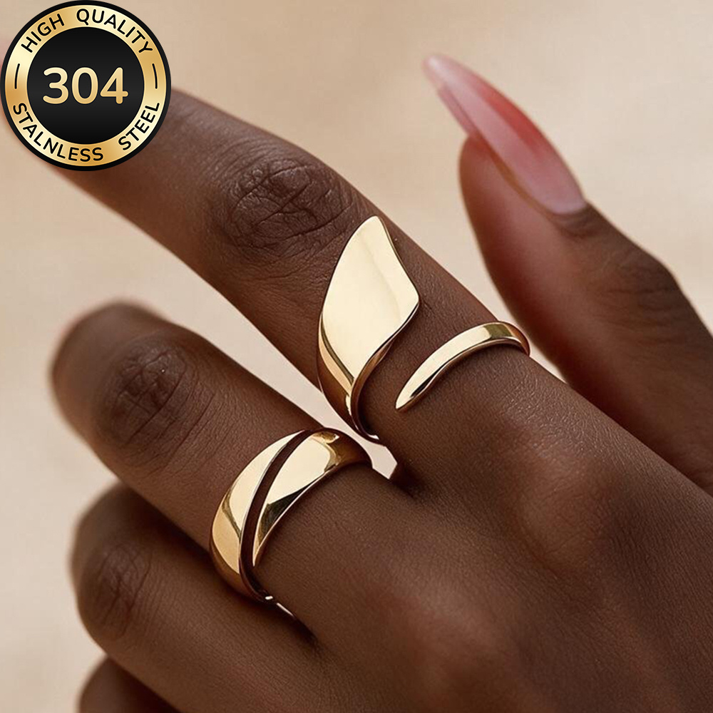 2pcs Golden Stackable Open Rings Set, Hypoallergenic Stainless Steel