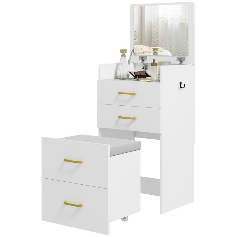 stylish white makeup table featuring a  , drawer, and a rolling stool, all in  . 0