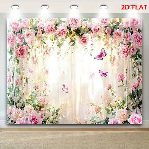 2d flat 1pc elegant floral botanical photo booth background with pink green suitable for wedding shower party decorations spring themed backdrop fabric for banner 2d flat