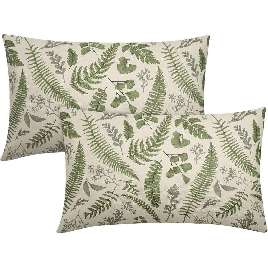 TEMU 2-pack, Single-sided Print, Options, Short Plush Fabric, Pillowcase . Sage Green Leaf Lumbar Pillowcase Vintage Vanilla Fern Floral Decorative