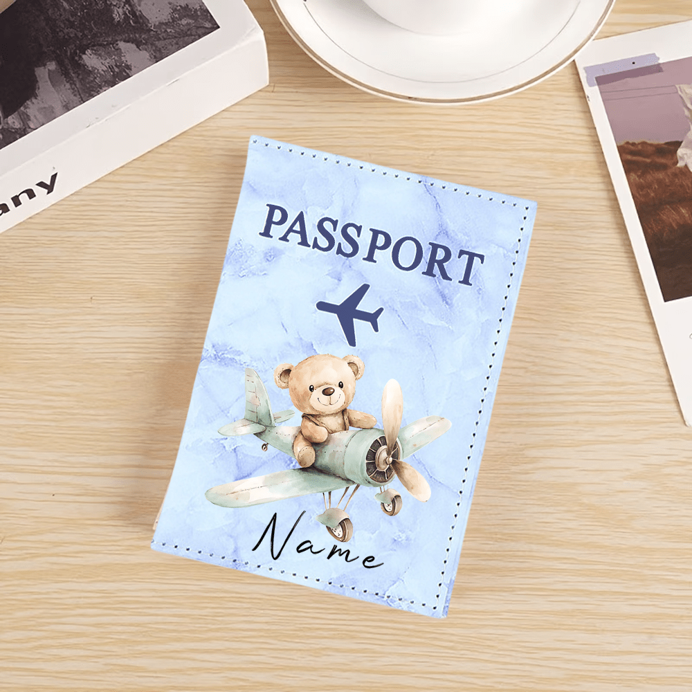 TEMU [custom] 1pc Cute Cartoon Bear Driving Airplane Illustration Design Passport Bag With Custom Name, Personalized Passport Holder, Elegant Text