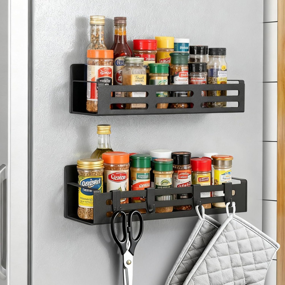 2pcs Metal Storage Shelves With 4 Hooks, Multipurpose Wall Organizer For Refrigerator Oven Washing Machine Storage
