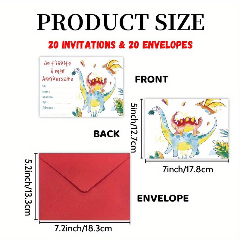 TEMU Invitations Lettre 20 Cartes et 20 Enveloppes, Dinosaure Dessin Fête Française - Carte d'Anniversaire Parfait pour Amis de Classe Réunions &