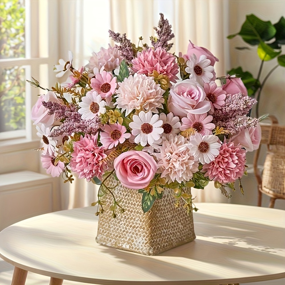 1pc Elegant Peony and Rose Simulation Flower Set, Embellished with Hydrangeas - Rich Light Pink Bouquet, No Vase Needed, Perfect for Home, Living Room, Holiday, Wedding and Engagement Decoration