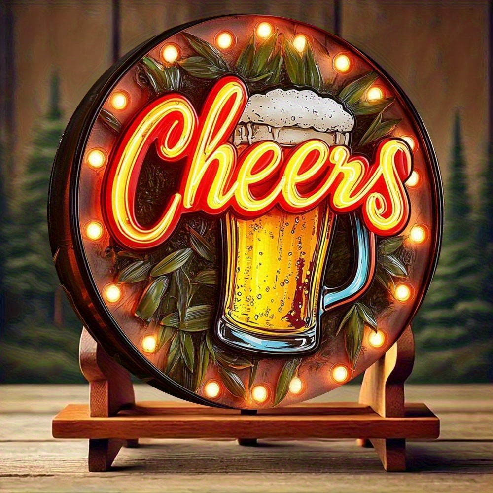TEMU 2d Flat, 2d Flat Plane, 1pc 2d Flat Printed Metal Iron Sign, Classic Round Tin Sign - Glowing Beer Mug Design With "cheers" Text, Equipped With