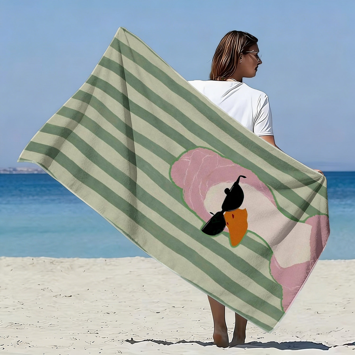 TEMU 1pc, Fashionable Duck Pattern Soft Beach Towel With Pink Headscarf And Pink Headband, Fresh Vertical Stripe Print, Microfiber Bath Towel,
