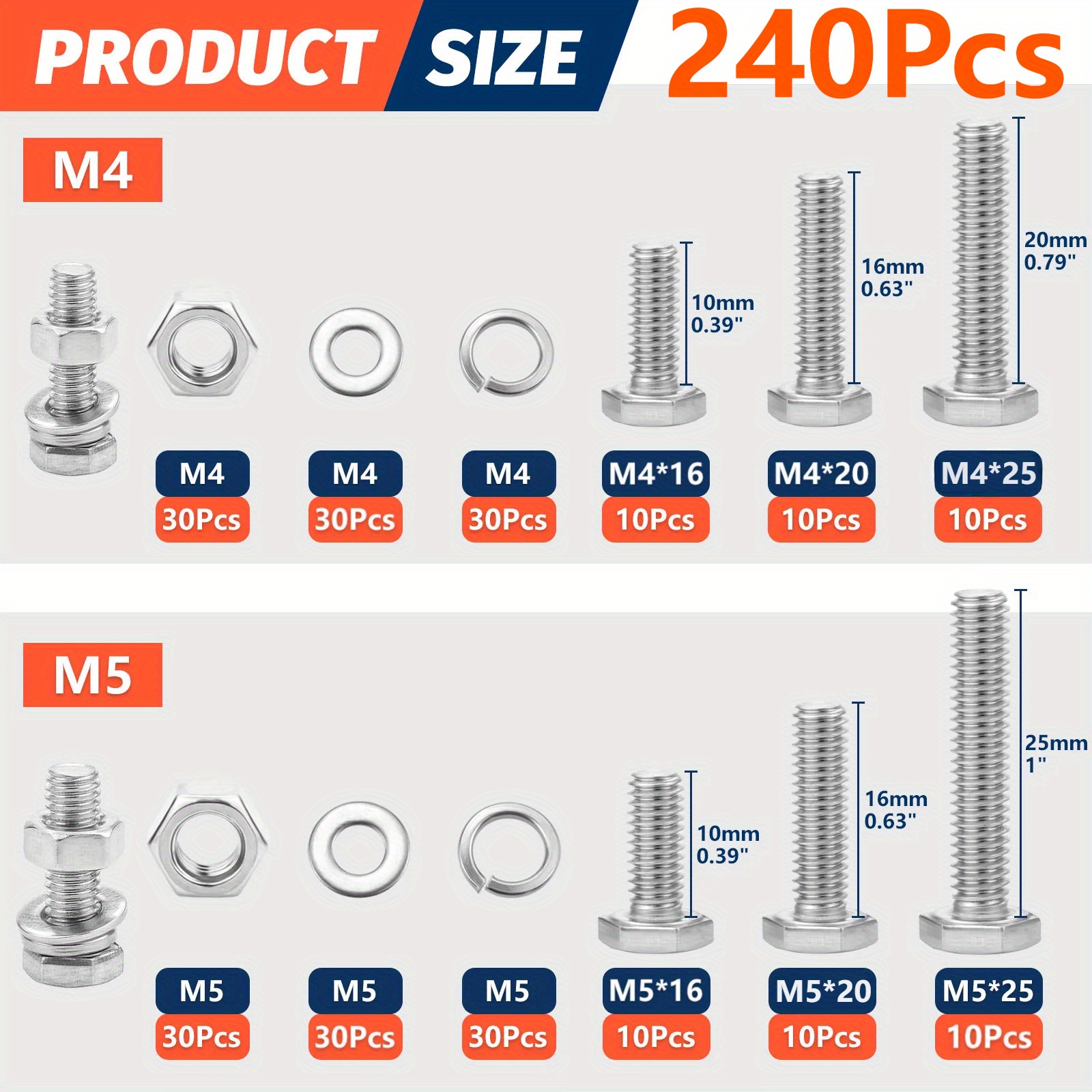 240 piezas de tornillos y tuercas de acero inoxidable, métrico hex M4 M5 M6, 14 tamaños con arandelas y tuercas de bloqueo, para uso industrial