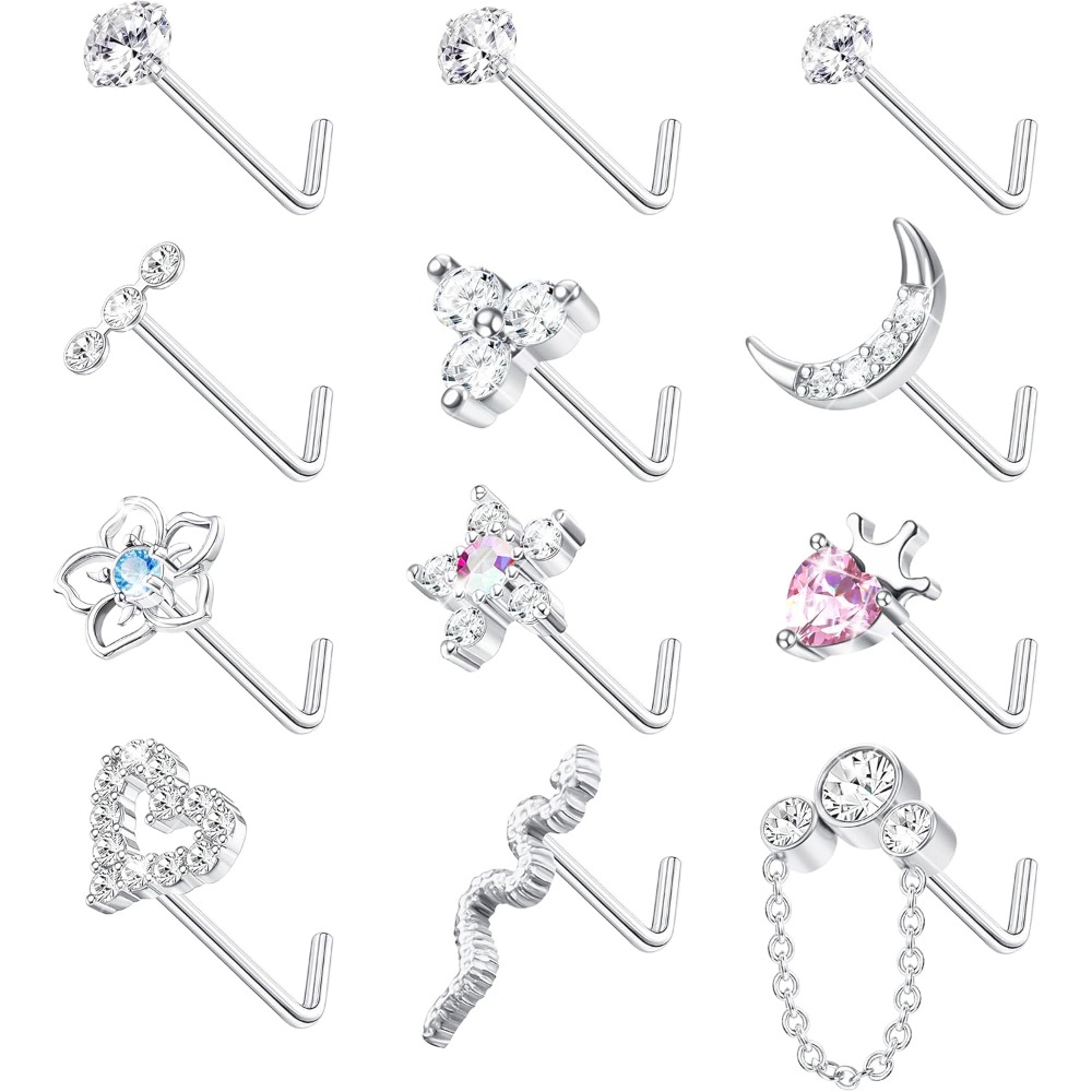 Image of 12pcs Nose Rings Stud L Shape Synthetic Zirconia Star Flower Snake Chain For Women And Men Silvery Tone Jewelry