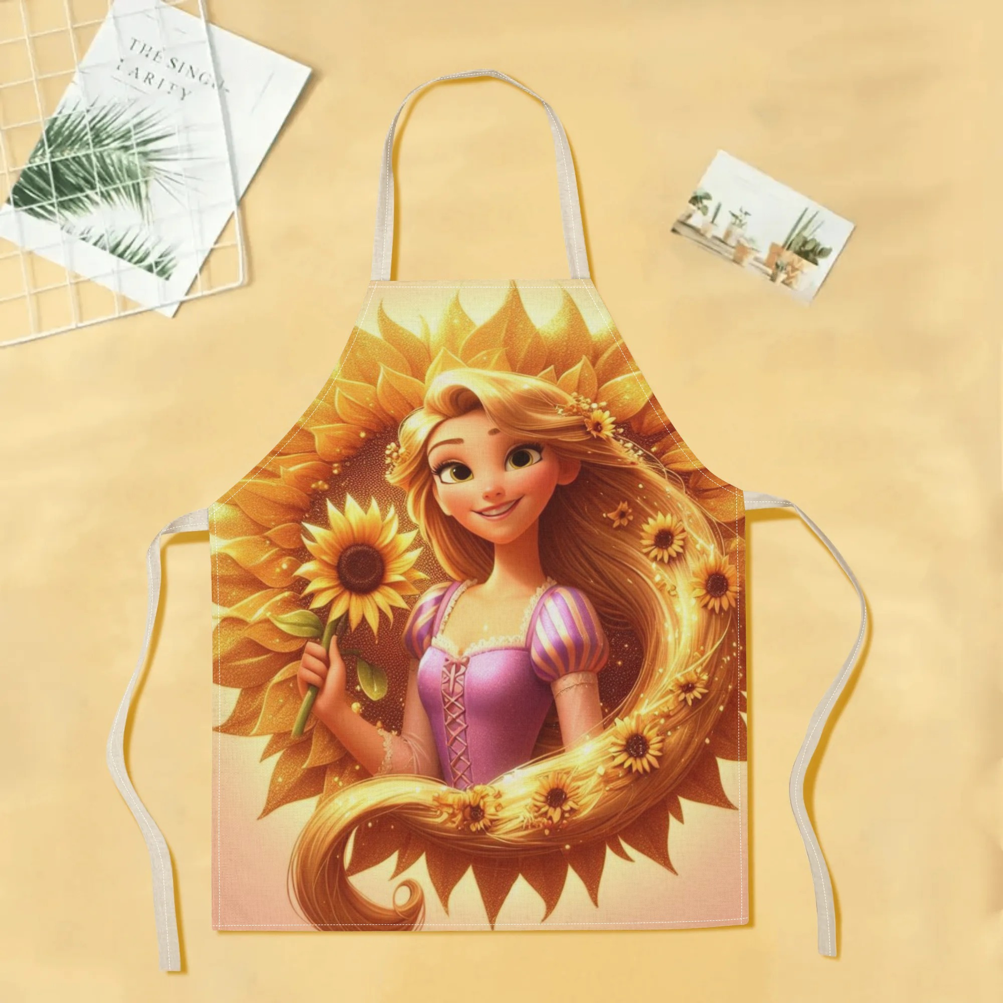 disney   waterproof apron - vibrant cartoon princess design with sunflowers, ideal for home, restaurants, cafes & supermarkets -   polyester,  , versatile apron|vibrant design|glossy finish details 1