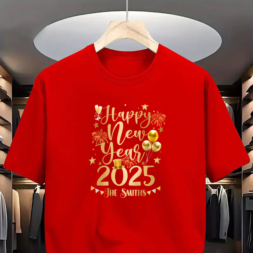 

1pc Happy New Year 2025 Customizable T-shirt, Polyester Knit Fabric, Casual Round Neck, Short Sleeve With Slight Stretch, Letter , Fashionable Tee For Adults