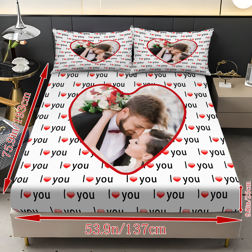 custom 3pcs i love you personalized printed bedding set couple fitted sheet set 1 fitted sheet 2 pillowcases   elegant   breathable light beige friendly bed linens in multiple sizes   decor with comfortable mattress protector Product details 9