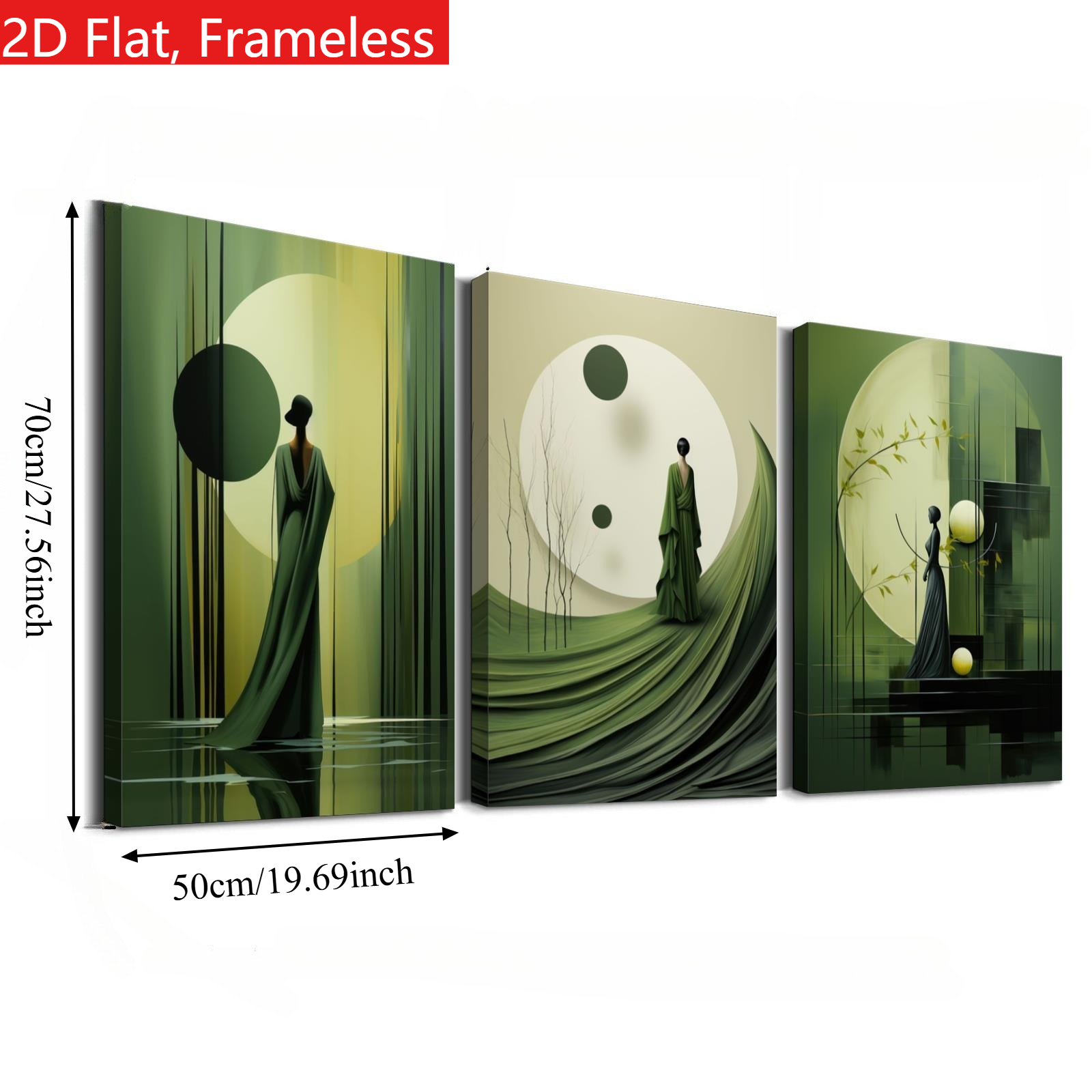 TEMU 2d Flat, 2d Flat, Frameless, 3pcs, Abstract Retro Olive Green Dream Decorative Painting, Fashionable Figures, Geometric Pattern Posters And