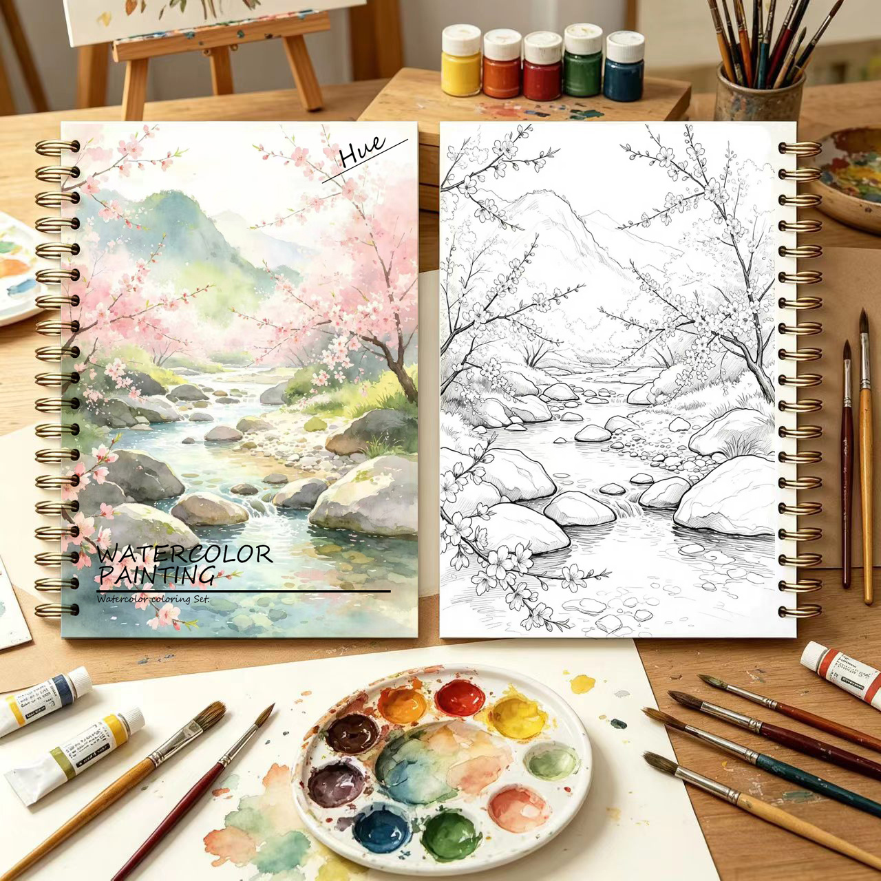 TEMU 1 Peach Valley Landscape Themed Watercolor Practice Book - An Adult Watercolor Coloring Book With 12 Exquisite Illustrations, Featuring Mountain