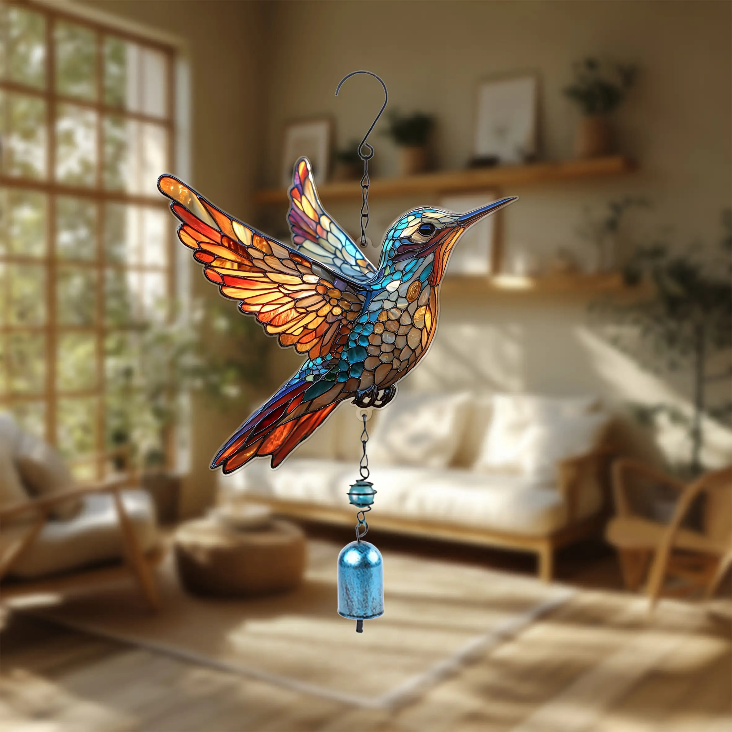 E-shop 2D Flach, 1 Stück 15.8X8 Zoll Metall Windspiel mit 2D Acryl Kolibri Design, Eisenkette und Glocke - Elegante Sonnenfänger für Garten- und