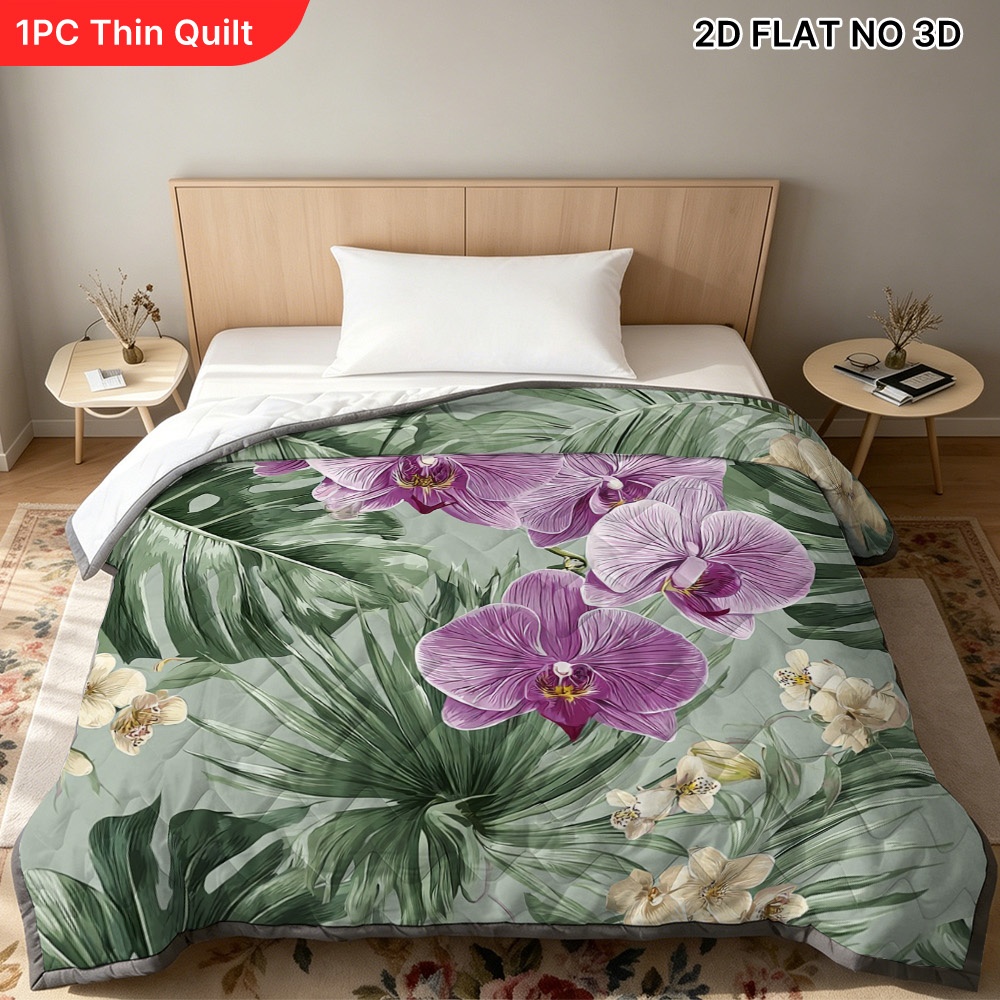 TEMU (2d Flat) 1pc Cooling Summer Quilt With Palm Leaves Illustration, Slim Summer Blanket, Lightweight And Air-conditioning Friendly, Perfect For