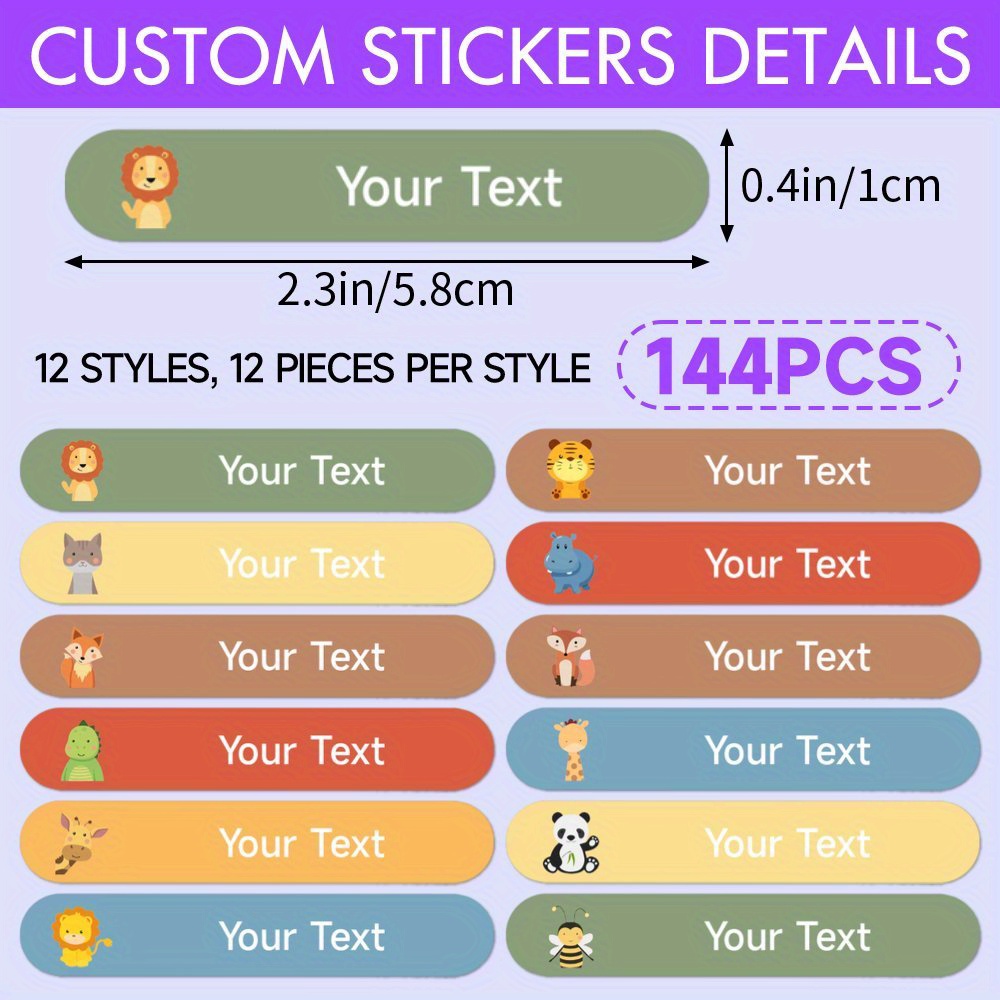 TEMU 144pcs Customizable Animal-themed Name Stickers, Waterproof & Sun-resistant, Personalized Labels For Books, Stationery, School Supplies, Paper