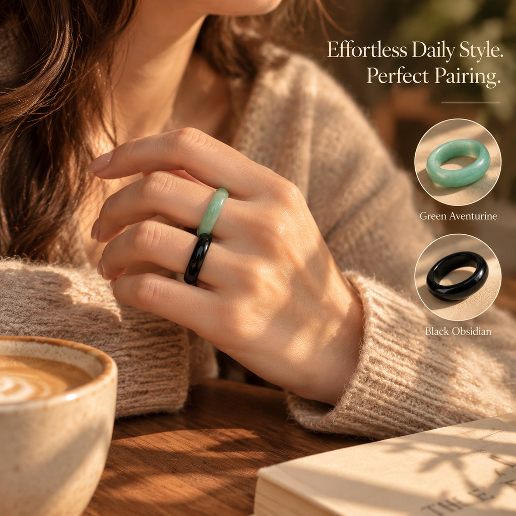 2pc Natural Green Aventurine & Black Obsidian Ring Set, Stackable