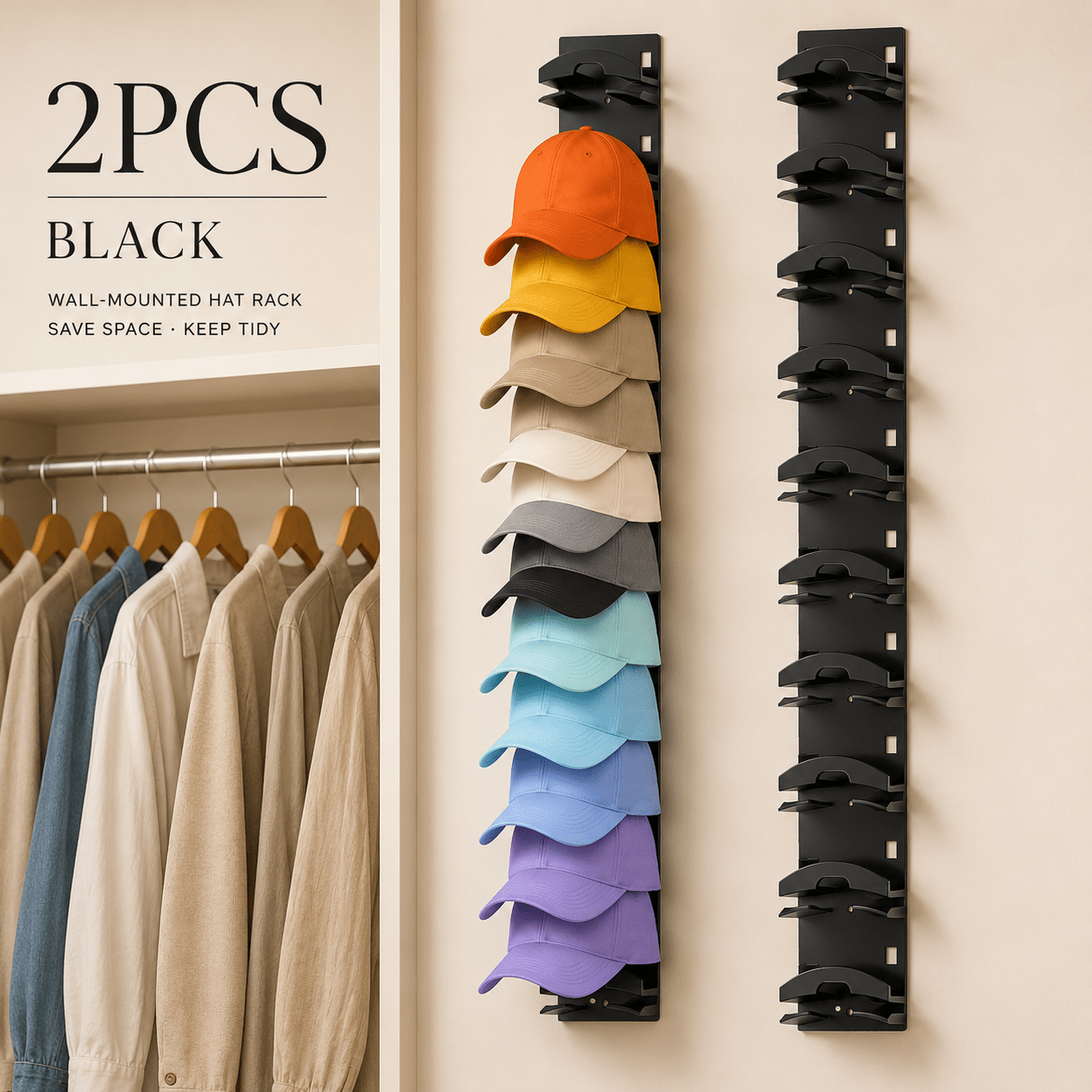 TEMU 2pcs Wall Mounted Hat Rack Organizer-black & White , Large Capacity Baseball Storage Holder, Space Saving Vertical Hat Display Rack For Closet,