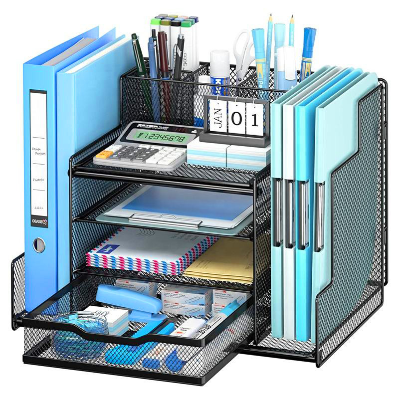 Desk Organizer And Additions, 3-tier File Organizer With Drawer And Pen Holder, Small Desktop Organizer And Storage For Office Supplies Black