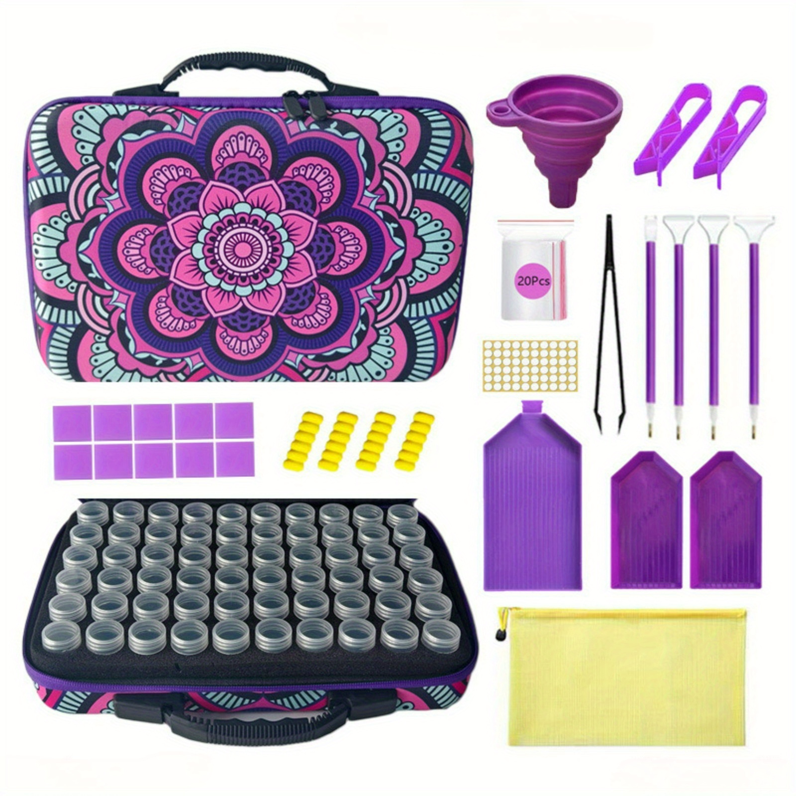 TEMU 60-slot Diamond Painting Organizer Box With Tools - Heavy-duty Shockproof Storage Case, Lightweight Storage With Purple Mandala Print, 60-slot
