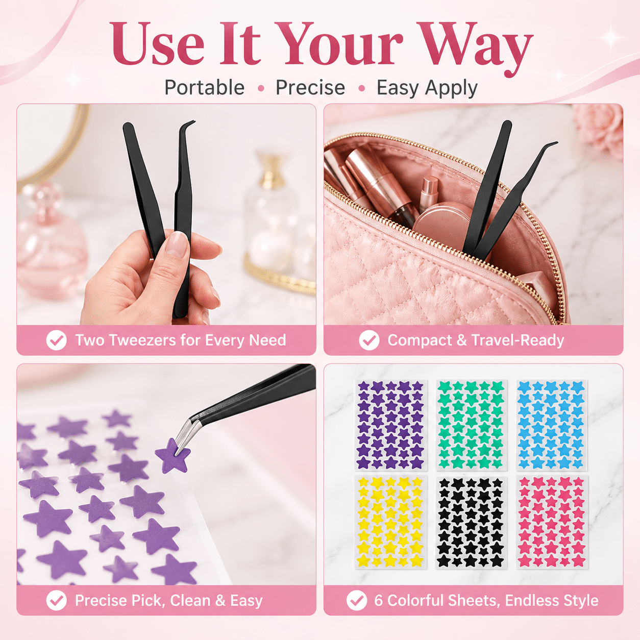 6-Color Star Pimple Patch Sheets with Precision Tweezers