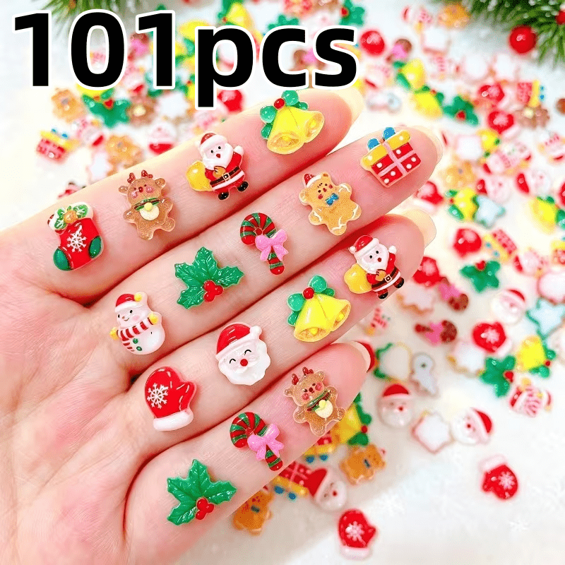 TEMU 101pcs Christmas Flat Bottom Resin Decorations: Santa Claus, Snowman, Bell, Reindeer, Bear, Leaves, Suitable For Nail Art Gift - Handmade, Phone