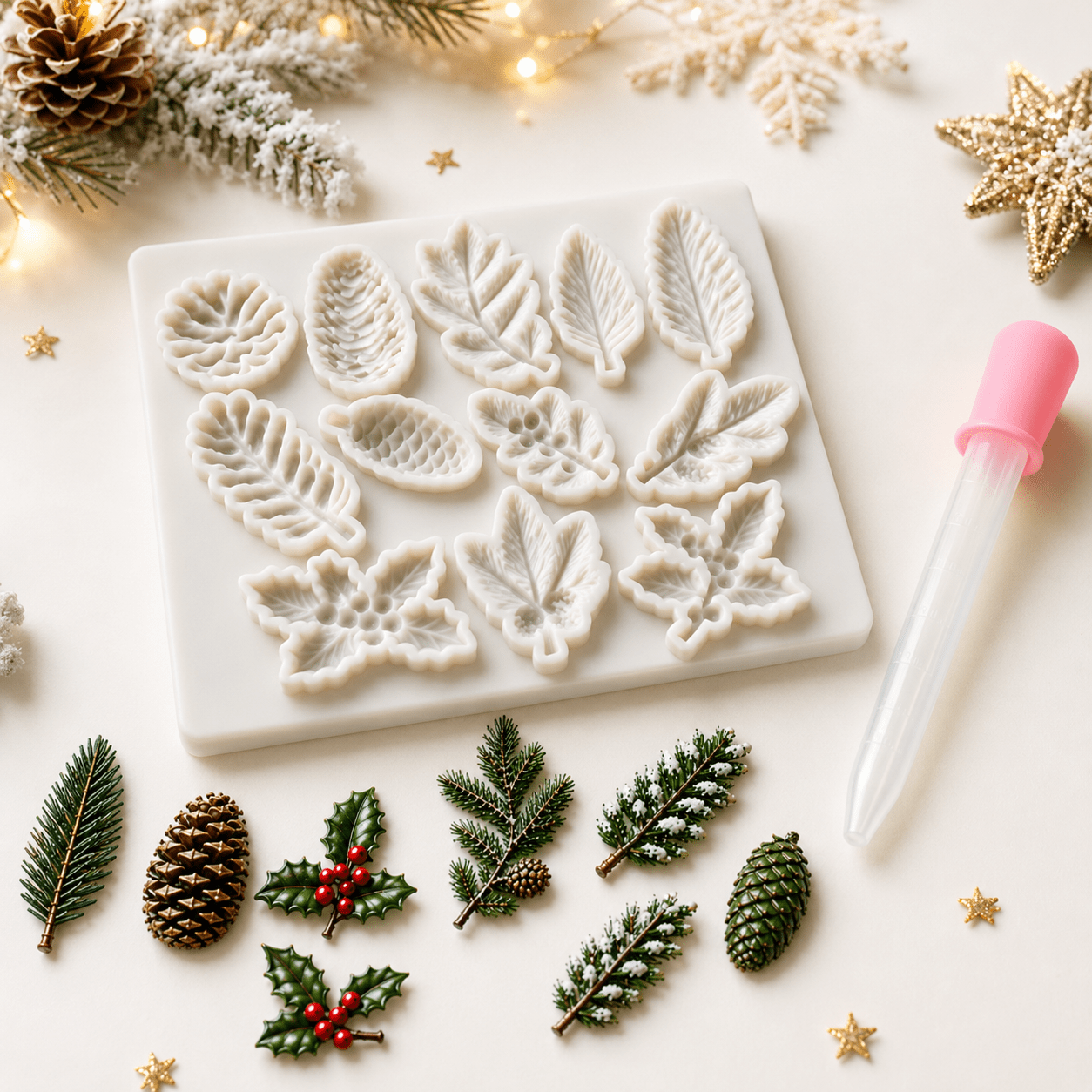 Image of 2pcs Set Winter Fir Branch Pine Holly Leaf Silicone Casting Molds, Handcraft Diy Tools, Christmas Berry Greenery Statue Mould, Suitable For Epoxy Resin, Candle, Soap & Plaster, Holiday Party Gifts