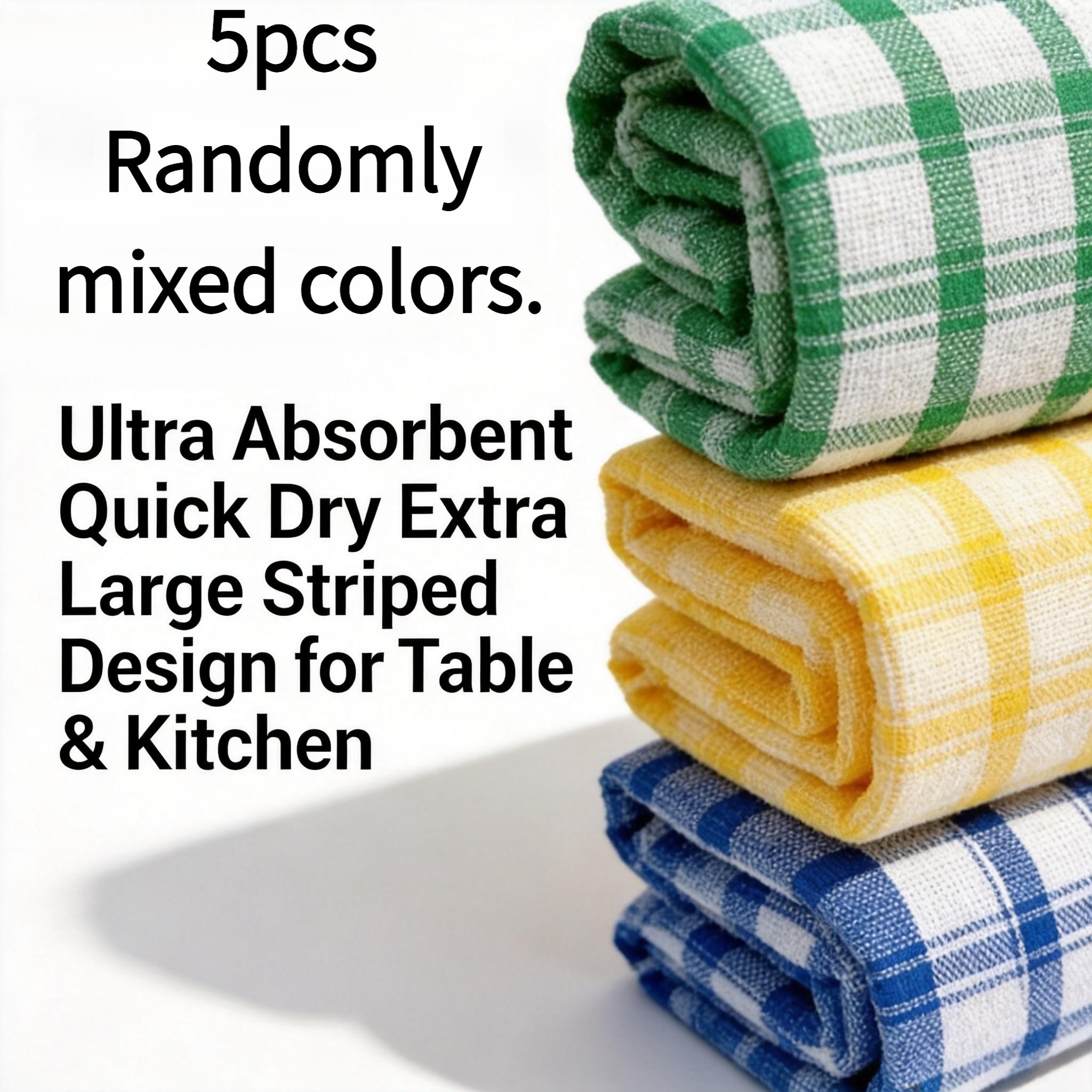 TEMU Lot de 5 torchons de cuisine absorbants de haute qualité - Torchons à thé, ultra-doux et à séchage rapide, fabriqués en tissu rayé extra-large,
